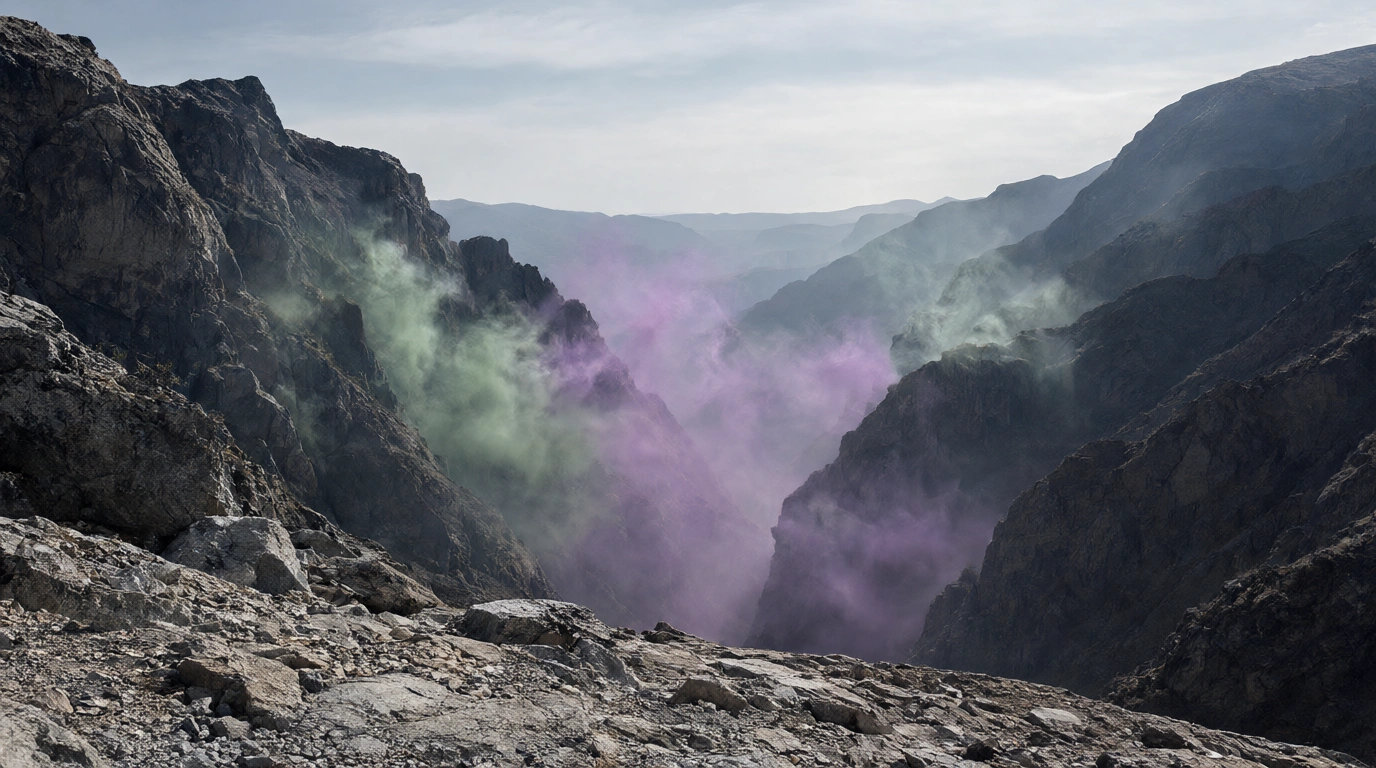Green and lilac smoke rising through a rocky gorge