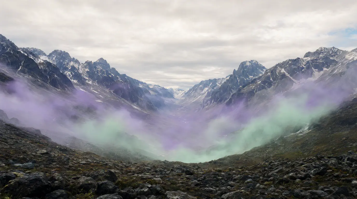 Pastel smoke rolling through a high valley of snowy peaks