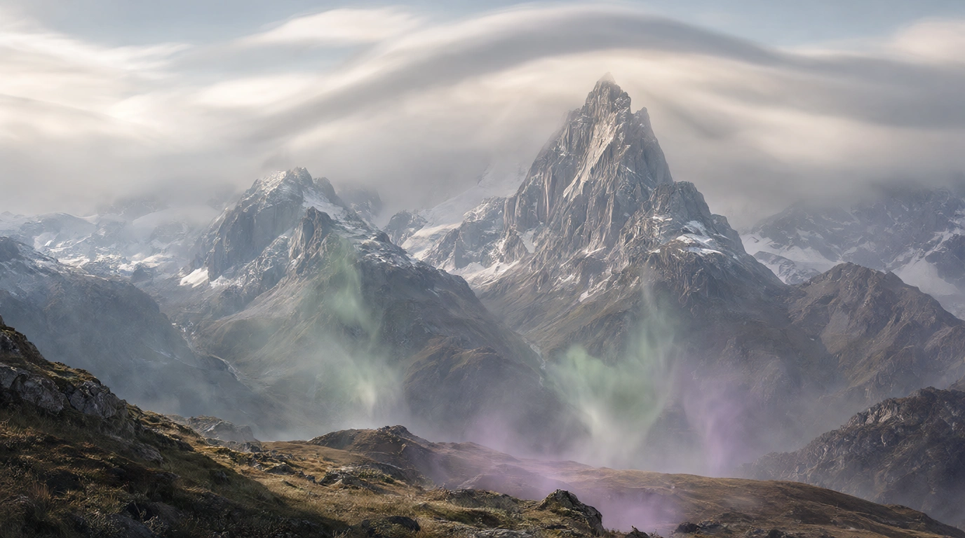 A snow-capped massif with a swirling cloud cap and colored mist in the valley