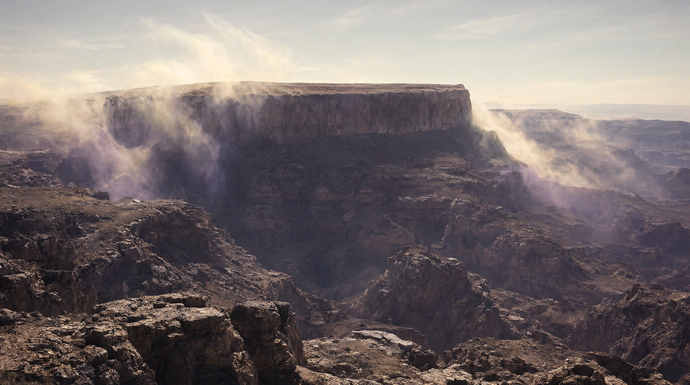 A desert mesa with mist drifting down its cliffs