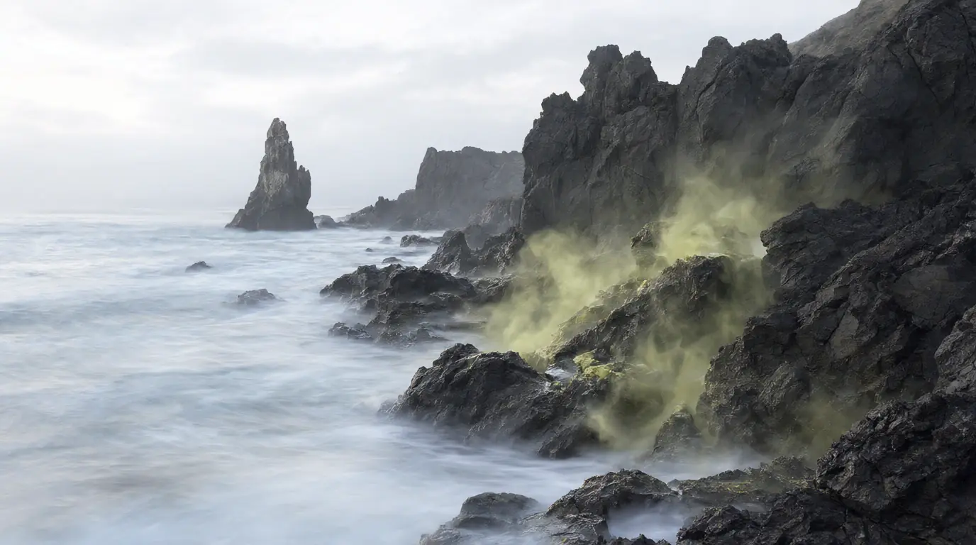 A weathered wooden pier crossing a pale sea with pastel smoke drifting