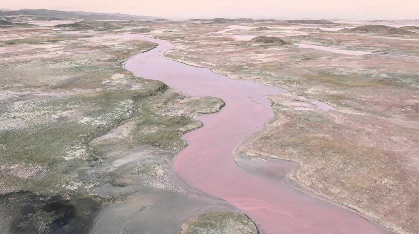 Soft morning mist over a pale salt flat under pastel clouds
