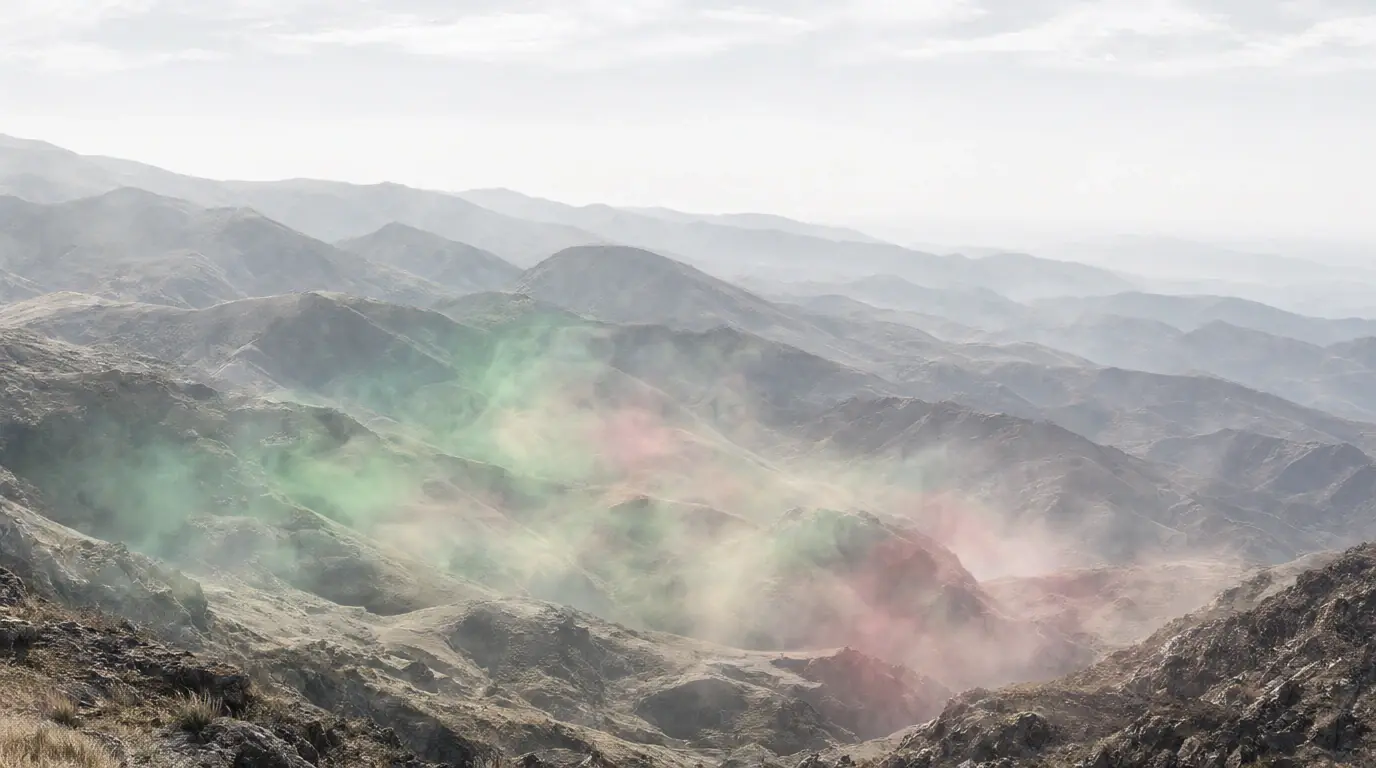 Green and pink smoke drifting through a hazy mountain valley