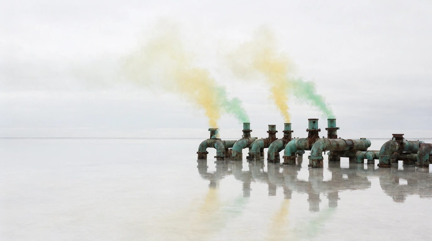A venting tower buoy off a rocky shore under a pale sky
